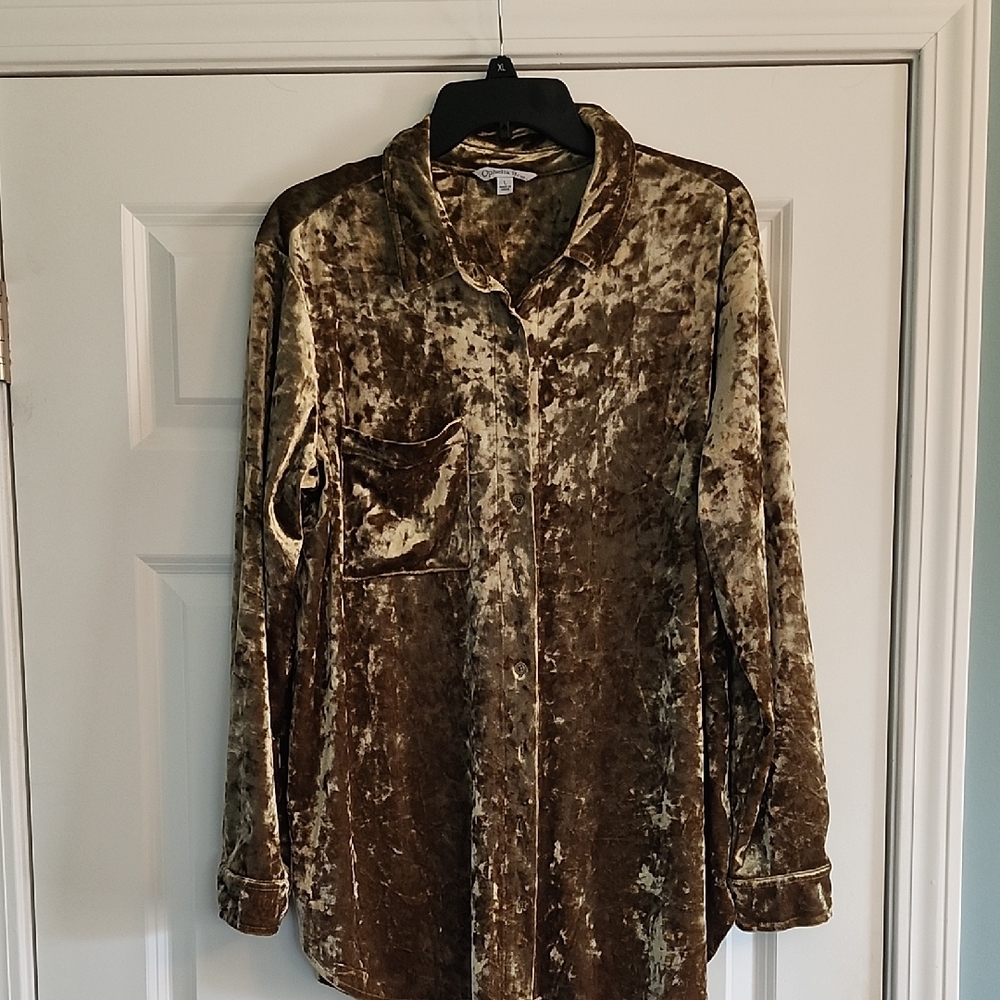 Velvet Long Sleeve Shirt in Olive/ Gold